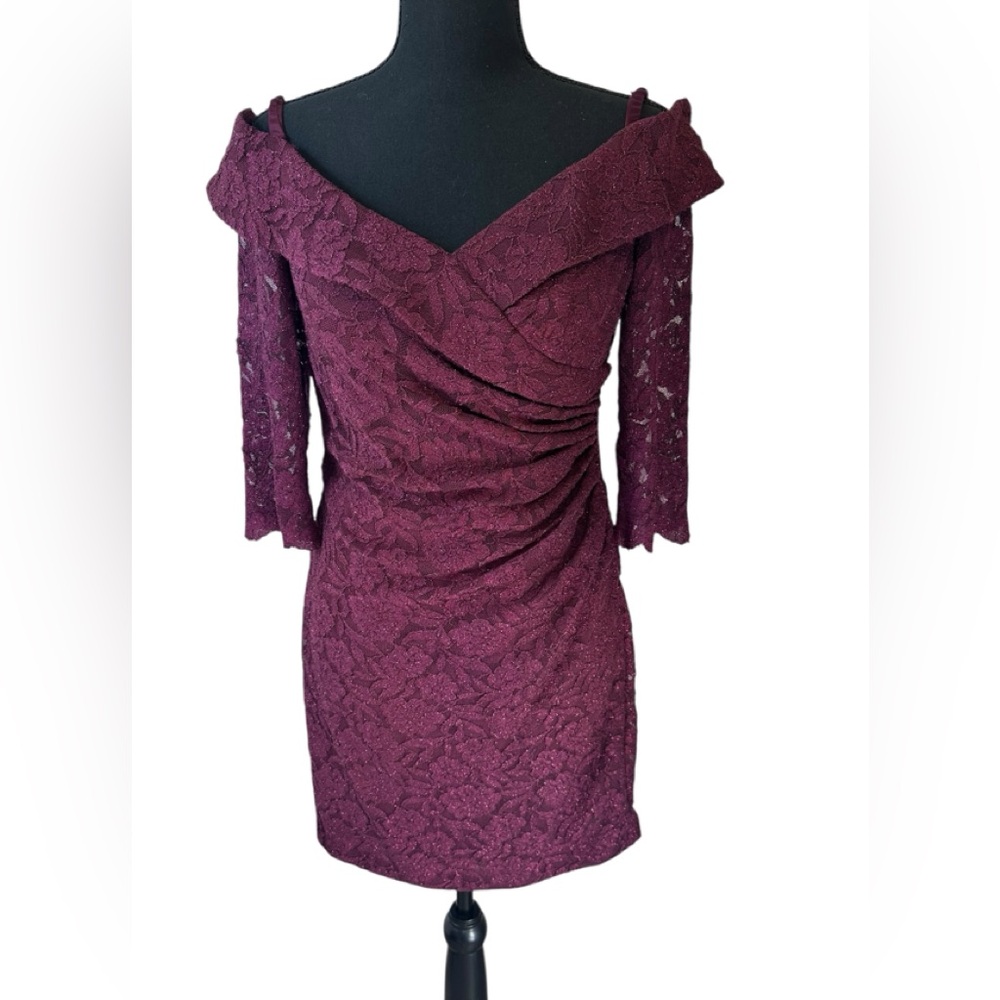 Oleg Cassini Off Shoulder Wine Knee Length Shimmer Formal Dress Wedding Lace SZ8
